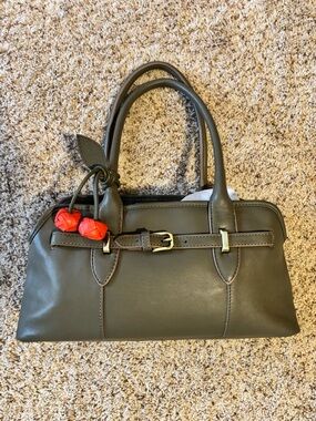 NWOT Olive Green Leather Top-Handle Satchel Purse with Cherry Charm